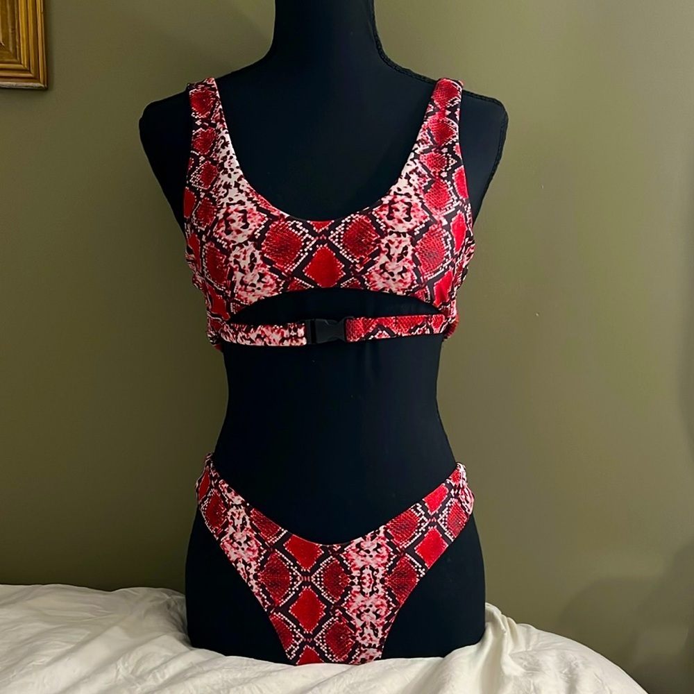 Red & Black Snake Print/ Buckle Detail Bikini Set